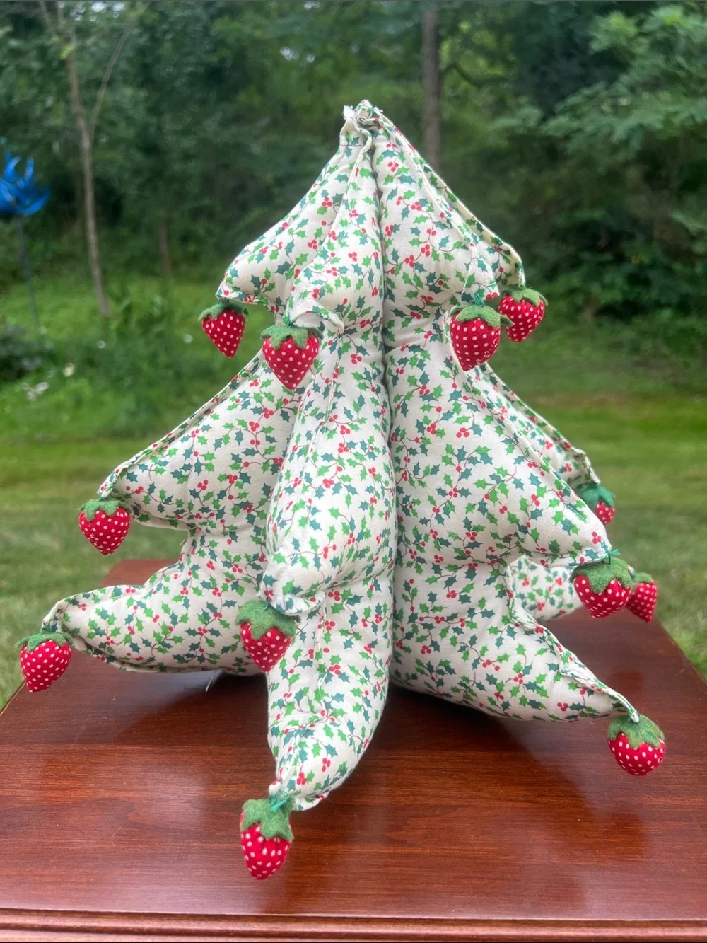 Vintage Kitsch 3D Stuffed Holly Berry Fabric Christmas Tree with Strawberries